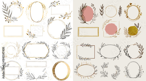 A refined collection of elegant floral frames with gold accents and botanical elements, perfect for wedding invitations, branding, greeting cards, and modern decorative designs.
