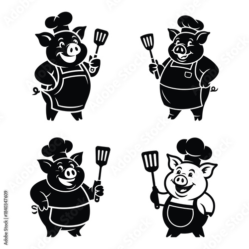 Cartoon Chef Pigs With Spatulas swine cook