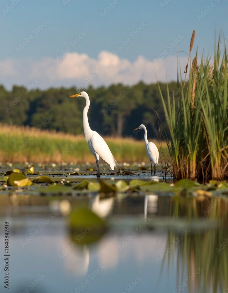 Obraz premium Two egrets in a tranquil marsh