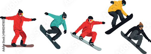 Dynamic set of diverse snowboarders in mid-air poses, performing tricks and jumps in colorful winter gear.