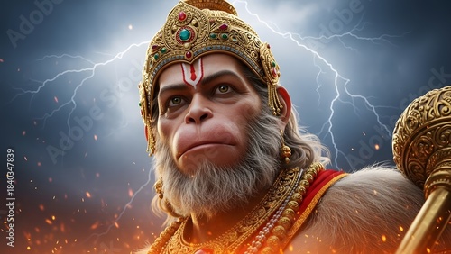 Majestic depiction of lord hanuman, the hindu deity, adorned with intricate golden crown and jewelry, set against a dramatic stormy sky with lightning and fiery elements