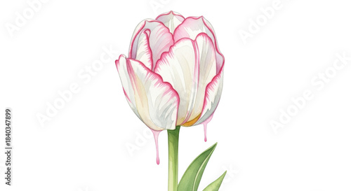 White tulip with pink edges dripping on black background