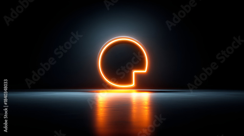 Glowing orange neon letter g shape floats above a reflective dark surface creating a futuristic abstract background design
