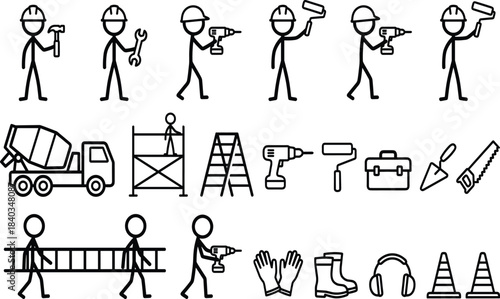 Construction workers, safety gear, tools, vehicles, black silhouette icons, industrial equipment, labor poses, engineering tools, vector set, construction site graphicsConstruction workers