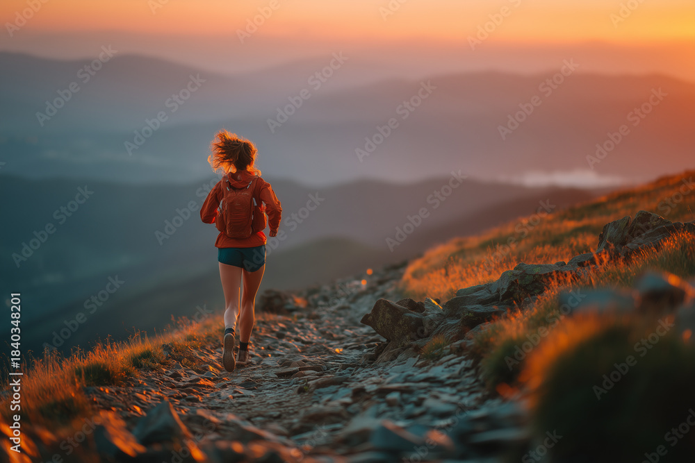 Obraz premium Athletic woman trail running on mountain path at sunset. Female runner training in scenic nature landscape during golden hour. Healthy lifestyle and freedom concept
