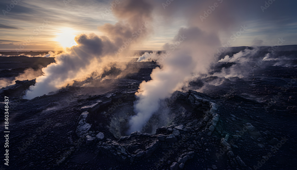 Fototapeta premium Volcanic geothermal field emitting steam and smoke at sunset