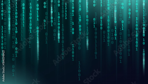 Turquoise binary code. Futuristic flying 0 and 1 numbers,  cyberspace wallpaper with abstract matrix technology .programming, coding, hacker concept, cyber security,  digital data network .Vector 