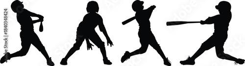 Baseball player silhouettes batting action poses, Batter swinging silhouette sports vector