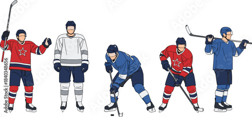 Dynamic set of diverse ice hockey players in action poses, wearing jerseys and full gear.