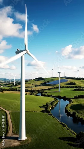 Wind farm blades rotating against blue sky with wind farm in idyllic countryside, effect technology innovation style featuring