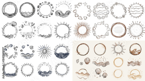 A creative collection of hand drawn circular frames inspired by waves, sun rays, pebbles, and natural elements ideal for boho designs, branding, invitations, and artistic illustrations.