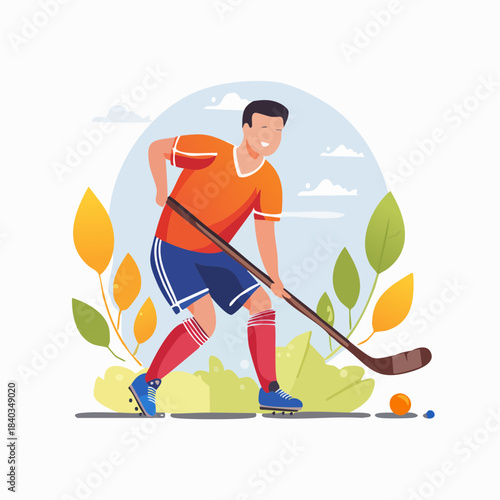 Field hockey player hitting ball in outdoor setting illustration