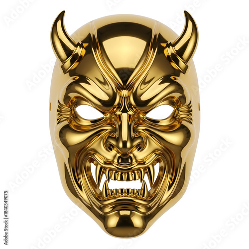Golden demon mask with horns and sharp teeth isolated on transparent background