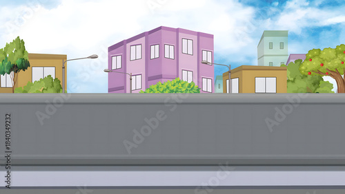 Cartoon city street with buildings and trees under a blue sky