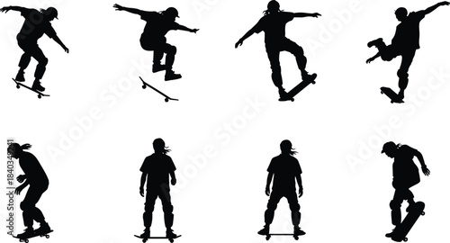 Skateboarder silhouette vector illustration, trick and motion poses, street sport action, cad drawing flat vector illustration, extreme athlete design