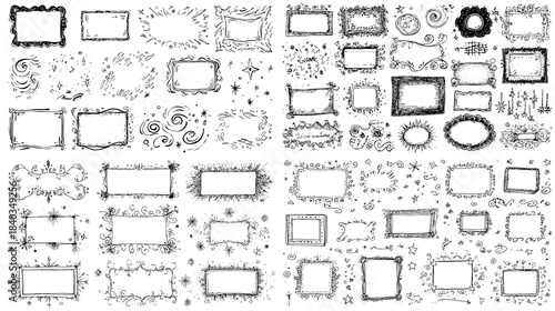 A playful collection of hand drawn decorative frames in artistic doodle style featuring whimsical borders and creative shapes ideal for journaling, scrapbooking, and stationery design.