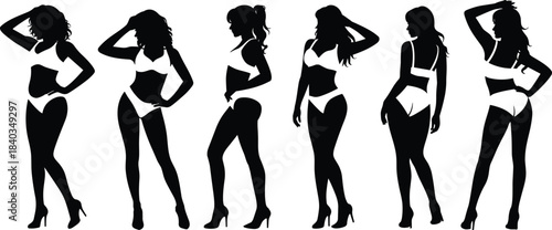 Female fashion silhouette vector illustration, stylish standing poses, high heel posture icons, cad drawing flat vector illustration, beauty design set