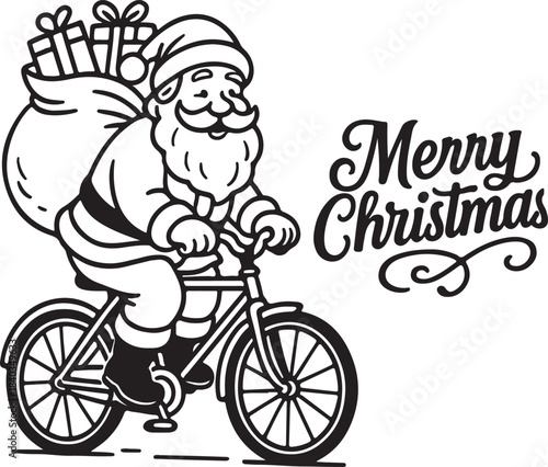 Funny holiday character with gifts. Santa Claus riding a bicycle and Merry Christmas typography line art vector illustration