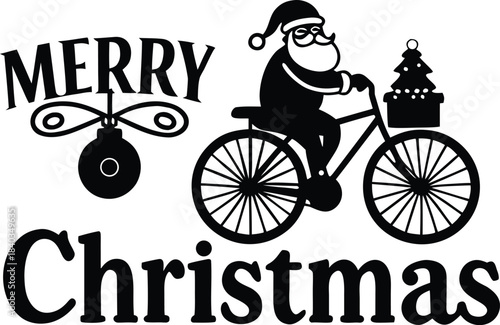 Funny holiday character with gifts. Santa Claus riding a bicycle and Merry Christmas typography clean silhouette vector illustration
