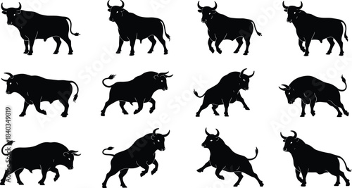 Bull silhouette vector illustration, dynamic animal poses, charging and standing stances, cad drawing flat vector illustration, wildlife icon design