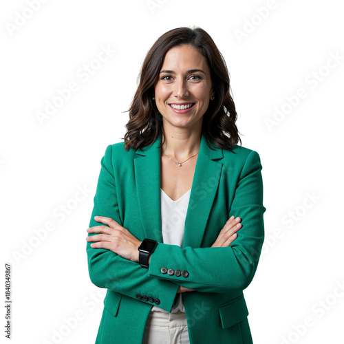 Smiling professional woman in a green blazer with arms crossed isolated on transparent background