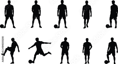 Soccer player silhouette vector illustration, football action poses, kicking ball stance, cad drawing flat vector illustration, sports icon design