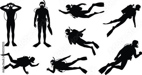 Scuba diver silhouette vector illustration, underwater swimming poses, diving gear icons, cad drawing flat vector illustration, marine sport design