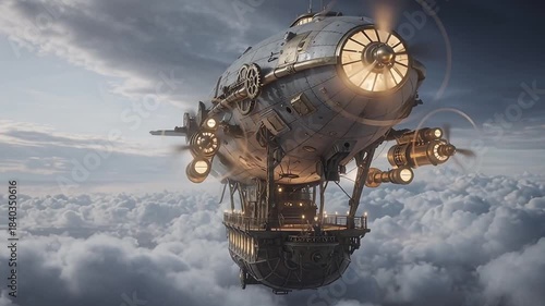 Steampunk airship floating in the sky, featuring metal hull, gears, pipes, and retrofuturistic design inspired by Victorian era fantasy and adventure.2