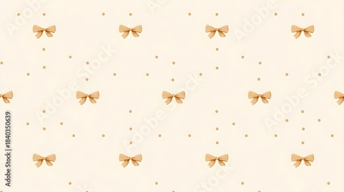 Seamless pattern featuring scattered gold polka dots and charming golden ribbon bows set against a soft light cream or beige textured background suitable for decorative purposes