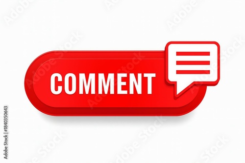 Bright red glossy button with the word comment and a speech bubble icon symbolizing online communication and feedback