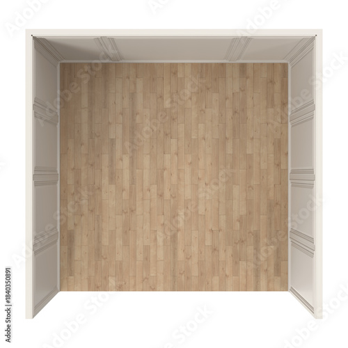 Empty room with wooden floor and white walls, top-down perspective