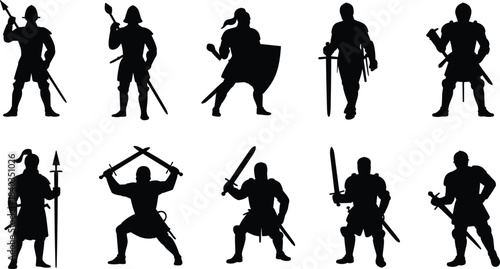 Warrior silhouette vector illustration, ancient soldier poses, medieval weapon combat, spear sword shield fighters, battle stance, cad drawing flat vector illustration