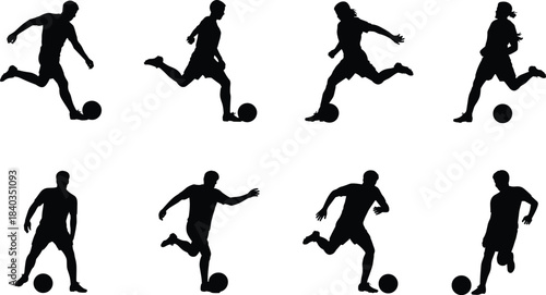 Soccer player silhouette vector, dynamic football poses, athletic movement icons, ball interaction illustration, cad drawing flat vector illustration