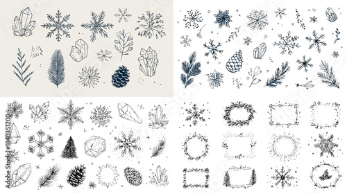 A delicate collection of winter botanical sketches including snowflakes, pinecones, crystals, and wreaths ideal for holiday designs, seasonal decor, and hand drawn illustrations.