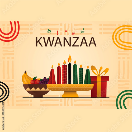 Festive illustration celebrating the Kwanzaa holiday featuring the kinara with seven lit candles a bowl of fruit and a wrapped gift against a patterned background