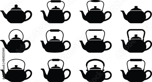 Teapot silhouette vector, vintage kettle icons, black kitchenware illustration, classic tea pot design set, cad drawing flat vector illustration