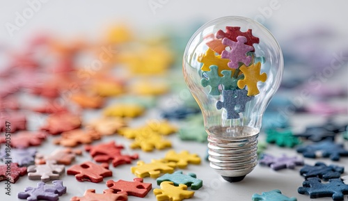 A light bulb with jigsaw puzzle pieces inside, with more pieces scattered in the background