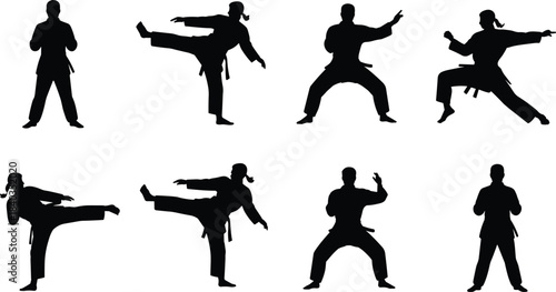 Martial arts silhouette vector, dynamic fighting poses, traditional uniform icons, combat stance illustration, cad drawing flat vector illustration