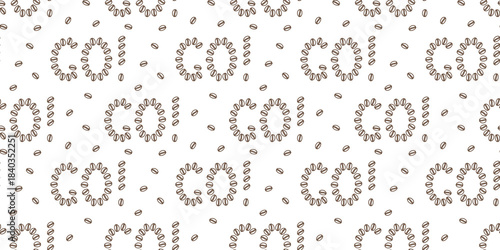 Lettering Go with exclamation mark made of Outline Coffee beans Seamless Pattern Banner Format Flat. Isolated Vector illustration Motivation or Coffee Thematic Cards Banner, leaflets, label, price tag