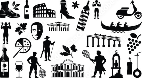 Italian culture silhouette vector, iconic lifestyle elements, heritage symbol illustration, tourism and tradition icons, cad drawing flat vector illustration