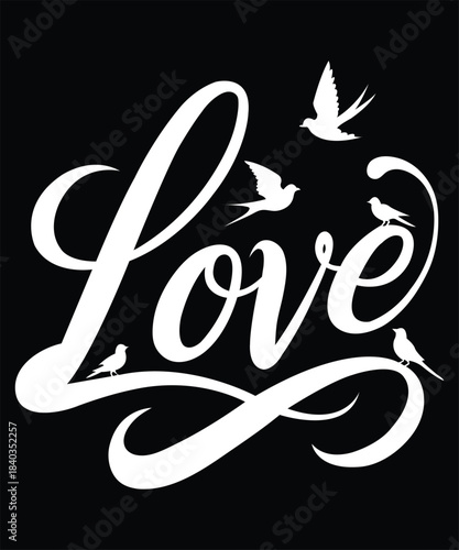 Romantic LOVE Heart Sign with Birds, Thorn Vine Silhouette – Passion, Wedding & Valentine Design Icon.	
