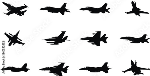 Fighter jet silhouette vector, military aircraft icons, black aviation illustration, warplane design set, cad drawing flat vector illustration