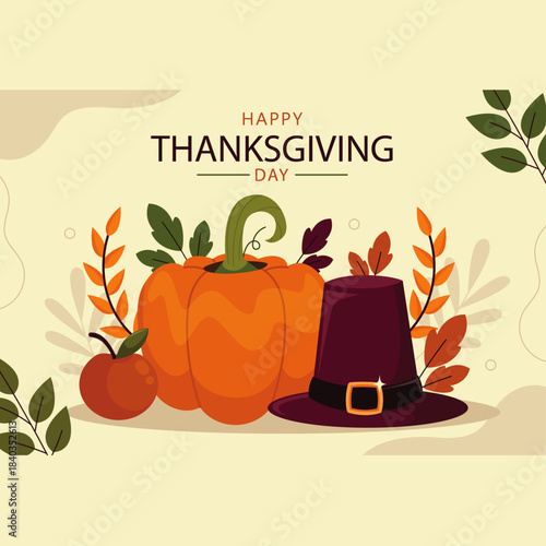Festive flat design illustration featuring a large orange pumpkin a pilgrim hat and autumn foliage celebrating the happy thanksgiving day holiday season