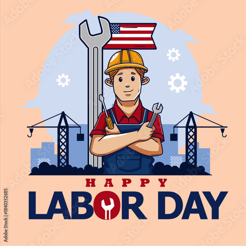 Labor Day Tribute: A smiling construction worker stands proudly, holding tools amidst an inspiring scene, celebrating the spirit of Labor Day.