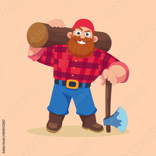 Cartoon lumberjack character with a thick red beard wearing a plaid shirt carrying a heavy log over his shoulder and holding an axe ready for woodcutting work
