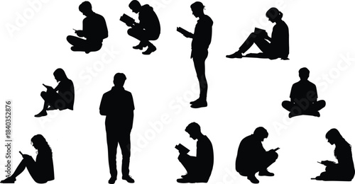 Reading silhouette vector, mobile device users, seated and standing pose icons, black figure illustration, cad drawing flat vector illustration