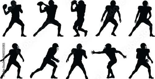American football player silhouette, athlete action pose, helmet gear motion, running catching throwing stance, cad drawing flat vector illustration