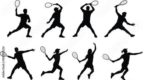 Tennis player silhouette, racket action pose, athlete swinging, serving, hitting shot, sports motion graphic, cad drawing flat vector illustration
