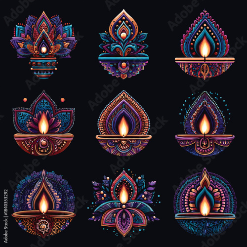 Diwali Festival Decorative Icons Featuring Diyas, Rangoli Shapes and Festive Stars for Celebration Graphics