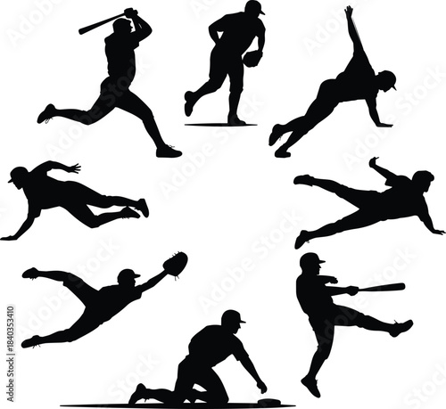 Baseball player silhouette, sports action pose, athlete batting, pitching, fielding, catching, sliding motion, cad drawing flat vector illustration